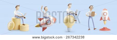 Set Of 3d Illustrations. Cartoon Character Flies On A Rocket Into Space. Concept Of Creativity Ind S