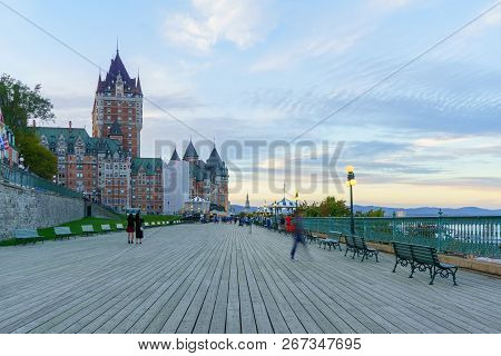 Quebec City, Canada - September 27, 2018: Sunset Scene Of The Dufferin Terrace And The Chateau Front