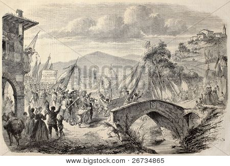 Människor att nå Florens från Toscana rösta annektering till italienska staten. Originalet, från ritning av