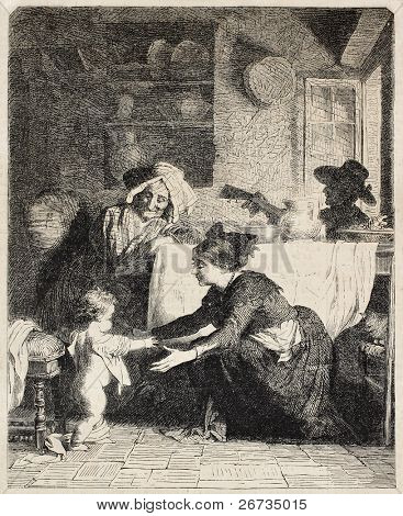 Antieke illustratie van Italiaanse familie in een binnenlandse scène. Origineel, van een tekening van Van Muyden, 