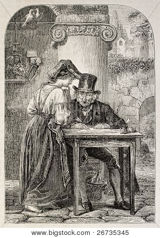 Antika illustration av en kvinna som talar till en offentlig scrivener. Original gravyr, bildar en peinting 