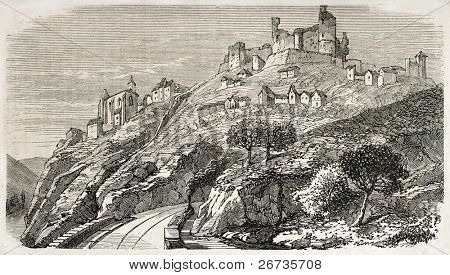 Vanha näkymä Chateau de Najac Etelä-Ranskassa Aveyron osasto. Alkuperäisestä piirustuksesta Fores