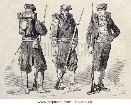 alte Abbildung der katalanischen Freiwilligen in spanischen Armee. Original, Zeichnung von Ferat, nach sket