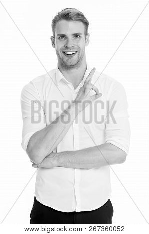 No Problems. Man Smiling Face Posing Confidently Ready To Help White Background. Guy With Bristle Gl