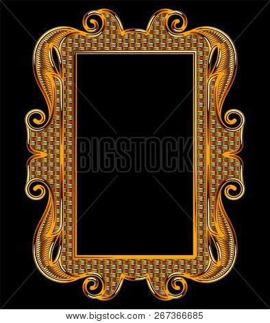 Medieval Goldwork Embroidery Vector Rectangle Frame. Black Background.