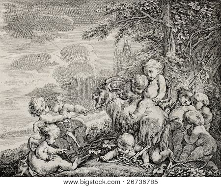 Antieke illustratie van Bacchus feest. Gemaakt door Boucher, gepubliceerd op L'Illustration, Journ