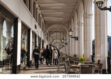 Hamburg, Germany - March, 2018: Hamburg, Germany - March, 2018: People Walking At The Beautiful Comm