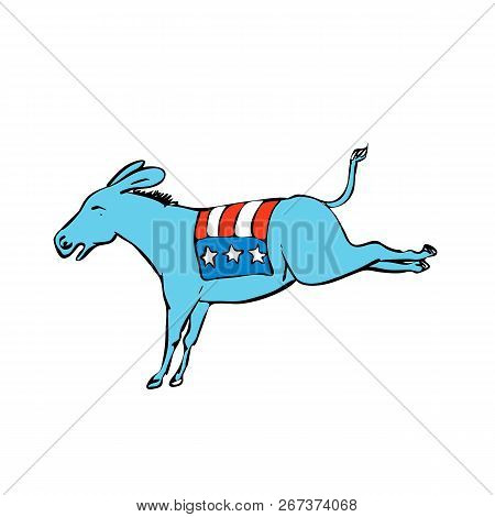 Drawing Sketch Style Illustration Of A Donkey Or Jackass Mascot With American Usa Stars And Stripes 