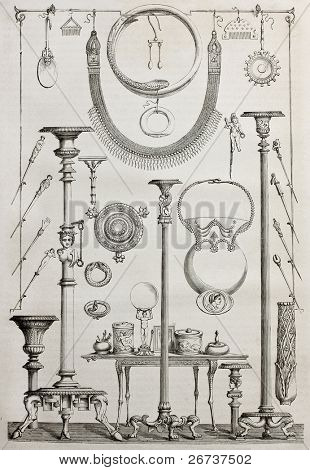 Alte Abbildung der Leuchter, Schmuck und WC-Tools, die in Pompeji, Italien gefunden. Erstellt von C