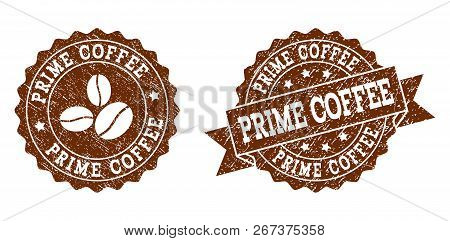 Prime Coffee Rubber Stamps. Vector Seals In Chocolate Color With Round, Ribbon, Rosette, Coffee Bean