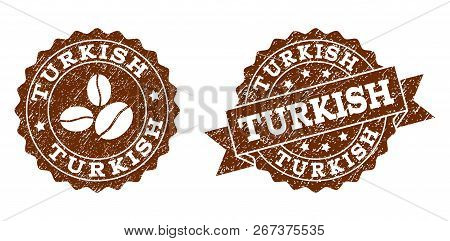 Turkish Rubber Stamps. Vector Seals In Chocolate Color With Round, Ribbon, Rosette, Coffee Bean Elem