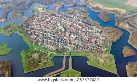 Aerial Top View Of Naarden City Fortified Walls In Star Shape And Historic Village In Holland, Nethe