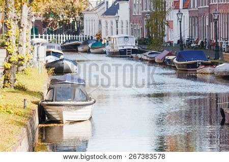 View Of The Channels Of City Leiden, Bots And Trees, Leiden.
