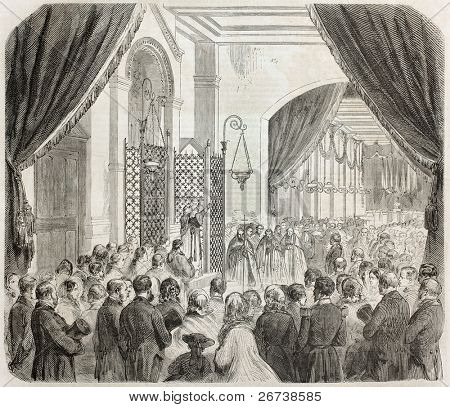 Old illustration of Vincennes imperial asylum inauguration. Created by Godefroy-Durand, published on L'Illustration Journal Universel, Paris, 1857