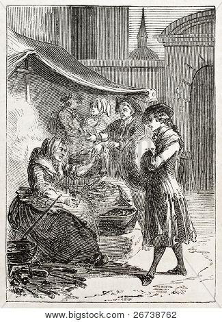 Old illustration of a woman selling chestnuts. Created by Godefroy-Durand, published on L'Illustration Journal Universel, Paris, 1857