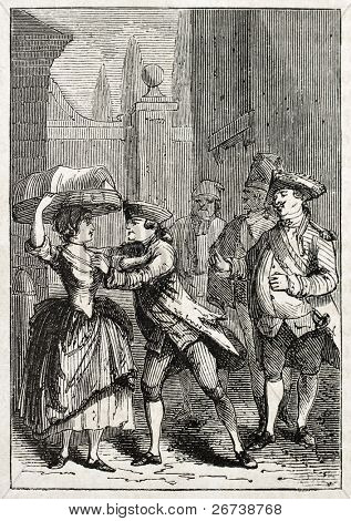 Old illustration of a woman selling milk cream. Created by Godefroy-Durand, published on L'Illustration Journal Universel, Paris, 1857
