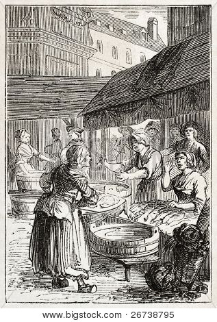 Gammal illustration av fiskmarknaden. Skapad av Godefroy-Durand, publicerad på L'Illustration Journal Uni