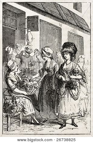 Old illustration of a woman selling flowers. Created by Godefroy-Durand, published on L'Illustration Journal Universel, Paris, 1857