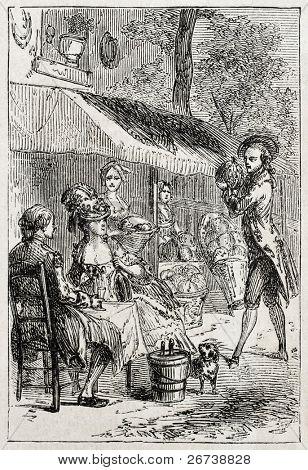 Old illustration of customers buying a melon in a stall to eat it. Created by Godefroy-Durand, published on L'Illustration Journal Universel, Paris, 1857