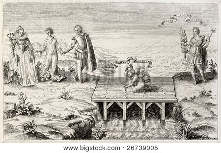Oude illustratie van Henri II van Lotharingen en Catherine Bourbon bruiloft. Door Adamard en Facnion, 1599