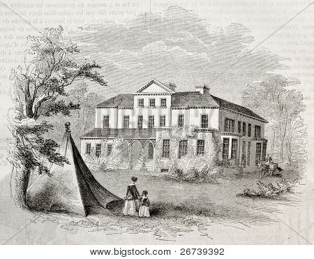 Vieja ilustración de Edgeworthstown House, histórico de vivienda de la familia de Edgeworth, Irlanda. Por uniden