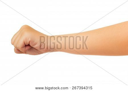 Human Hand In Fist, Punch Or Griping Gesture Isolate On White Background With Clipping Path, High Re