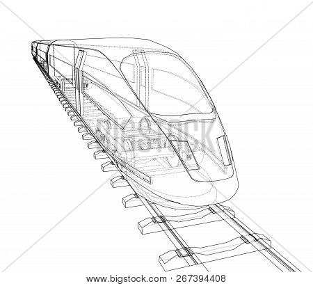 Modern Speed Train Concept. Vector Rendering Of 3d. Wire-frame Style