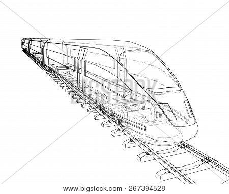 Modern Speed Train Concept. Vector Rendering Of 3d. Wire-frame Style