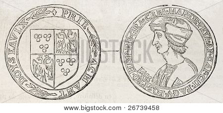 Oude illustratie van een medaille ter ere van Aymar de Prie, Grand Master Kruisboogschutter. Door niet-geïdentificeerde au