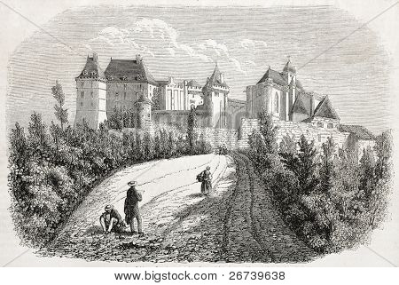 Starý pohled Chateau de Biron (hrad Biron), Francie. Vytvořil(a) Freeman po Fauche, publikované na L