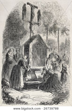 Old illustration of first step cross, popular usage in Bretagne, France. Created by Godefroy Durand, published on L'Illustration Journal Universel, Paris, 1857