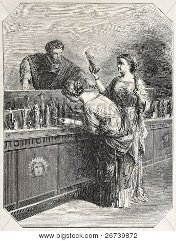Old illustration of two women looking at goods on display. Created by Godefroy-Durand after tablet of Hamon,  published on L'Illustration Journal Universel, Paris, 1857