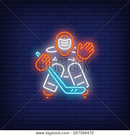 Hockey Goalkeeper Neon Sign. Hockey Advertisement Design. Night Bright Neon Sign, Colorful Billboard