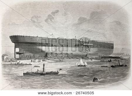 Antiga ilustração de britânicos navio Leviathan perto de lançar. Autor não identificado, publicado em L'Il