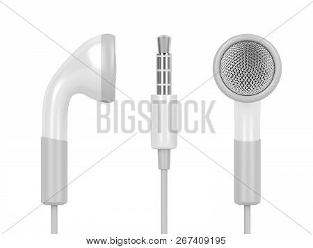 Earphones With 3.5mm Headphone Plug, Isolated On White Background. 3d Illustration