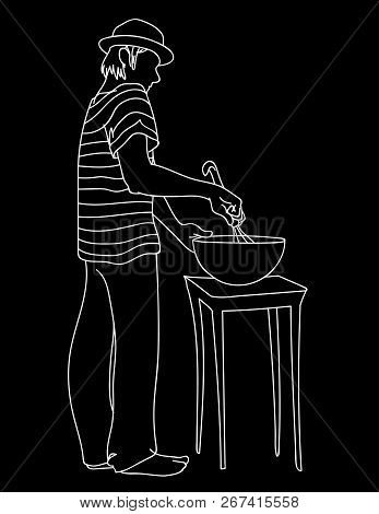 Young Man In Hat And Striped T-shirt Prepares Food. Guy Standing, Stirring Ingredients In Bowl. Vect