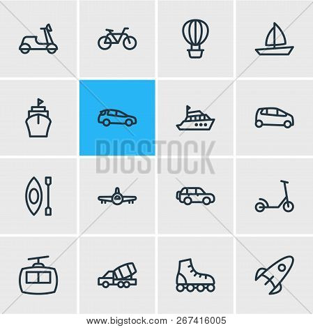 Vector Illustration Of 16 Vehicle Icons Line Style. Editable Set Of Supermini, Kick Scooter, Roller 