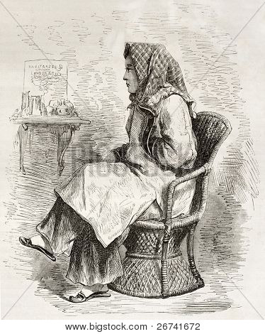 Čínská žena sedí, staré ilustrace.  Vytvořil(a) Dore po Trevise, publikované na Le Tour du Mon