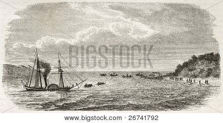 Damper landing i Grand Andaman ø, indiske ocean. Lavet af De Bar efter Mallitte, offentliggjorte o
