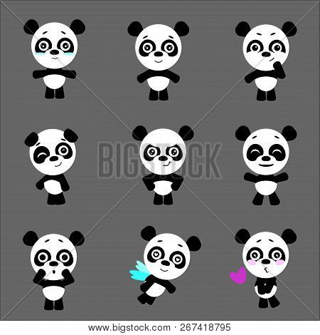 Set Of Cute Pandas Character With Different Emotions. Vector Cartoon Panda Character. Vector Collect