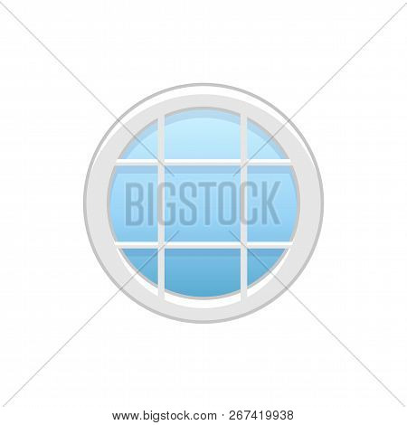 Vector Illustration Of Round Attic Vinyl Window. Flat Icon Of Traditional Aluminum Window With Horiz