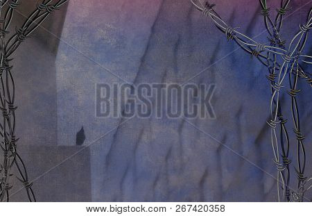 Prison building with windows and silhouette of bird with barbed wire. 3D rendering