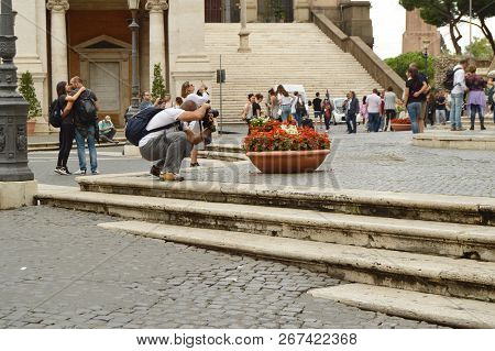 Tourists Take Pictures Of Attractions On Capitol Hill, Rome, Italy, October 07, 2018