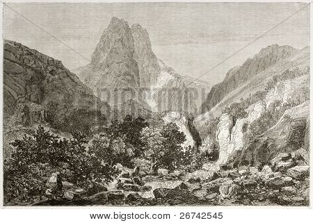 Mont Pelvoux vecchio vista, Francia. Creato da Sabatier, pubblicato su Le Tour du Monde, Paris, 1860