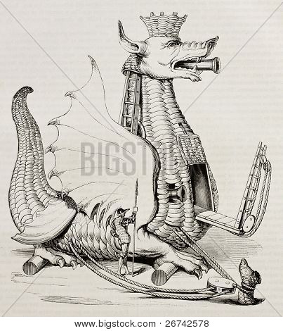 Krigsmaskine. Lavet af Valturio, offentliggjort på Magasin Pittoresque, Paris, 1840