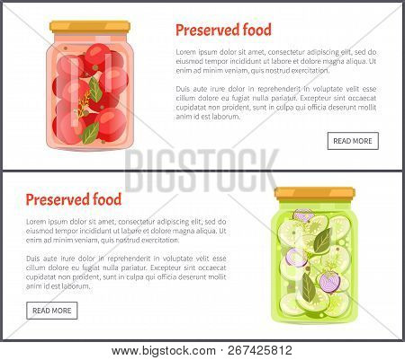 Preserved Food Tomatoes Set Of Posters With Text Sample. Jars With Pickles Cucumbers Onion Slices An