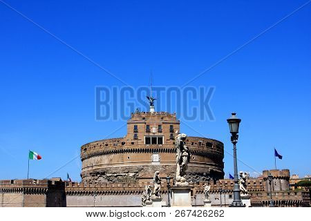 Medieval Castel Sant`angelo Mausoleum Of Hadrian In  Parco Adriano, Rome, Italy.