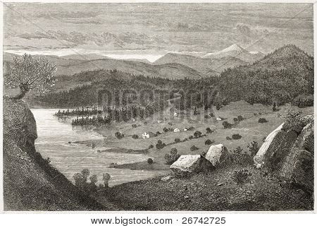 Bolkesjo Dolina stary widok, Norwegia. Stworzony przez Dore po Riant, opublikowane na Le Tour du Monde, Paryż,