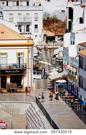 Albufeira, Portugal - June 10, 2017 - Elevated View Of R. Sao Concalo De Lagos In The Old Town, Albu