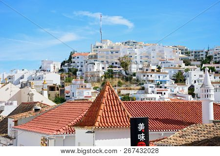 Albufeira, Portugal - June 10, 2017 - Elevated View Of Town Rooftops And Apartments, Albufeira, Alga